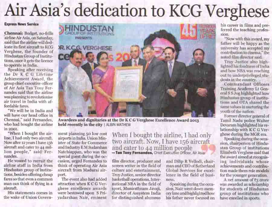 Hindustan Group Of Institutions Presented Dr. K.C.G. Verghese Excellence Awards – 2013 NIE-CityExpress