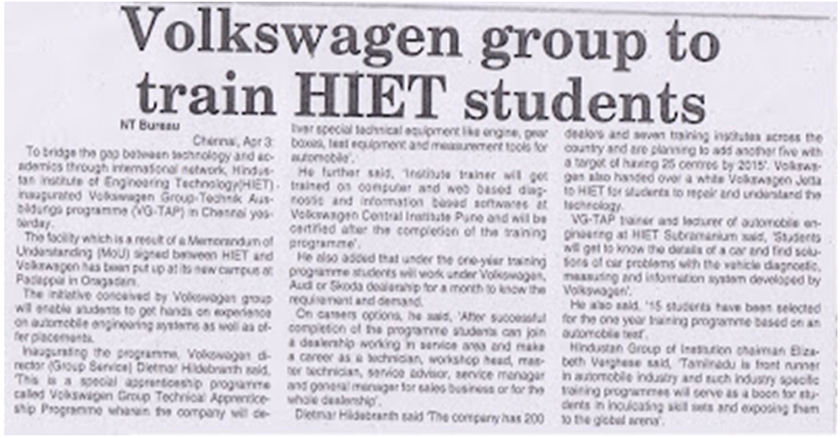 We Take Immense Pleasure In Informing That Volkswagen Group Has Come Forward To Train HIET Students.